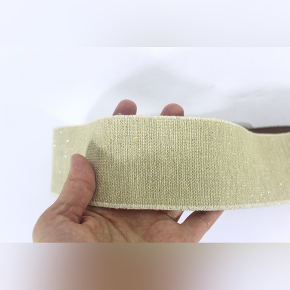 Wide Sparkly Beige Stretch Belt with Cognac Brown Leather Ends and Silver Buckle - Picture 7 of 8